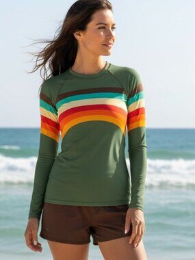 Women's Vintage 70s Stripe Rash Guard, UPF50+ Green